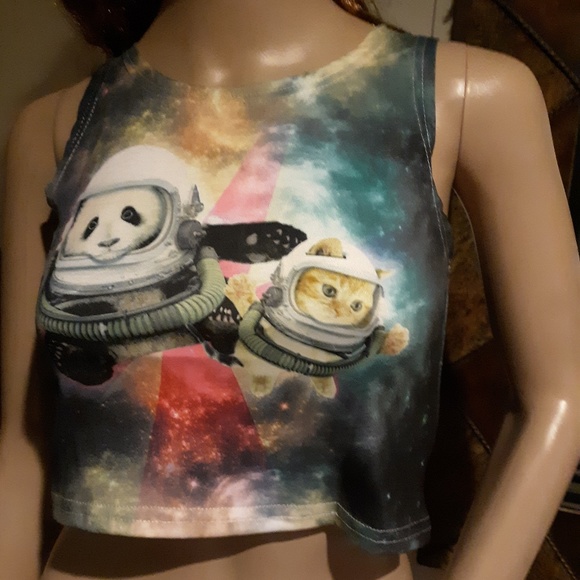 🎉NWOT! Pink Star Dust Cat & Panda Crop Top Sz S🎉 - Picture 6 of 8
